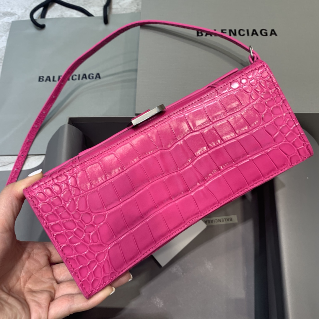 Balenciaga Hourglass Small Handbag Crocodile Embossed Shoulder Bag Rose Red